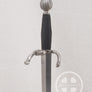 1580 Parrying Dagger #048 hilt detail quarter view with steel fittings and leather grip.