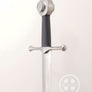 Fornovo #243 medieval single handed sword Italian 15th century type XVIIId blade shape with black grip three quarter view.