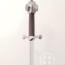 Fornovo #243 medieval single handed sword Italian 15th century type XVIIId blade shape with dark red grip three quarter view.