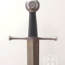 Fornovo #243 medieval single handed sword Italian 15th century type XVIIId blade shape with black grip front view.