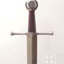 Fornovo #243 medieval single handed sword Italian 15th century type XVIIId blade shape with dark red grip.