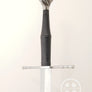Schloss Erbach longsword type XVIIIa steel parts with black leather, great cutter, three quarter view.