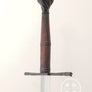 Schloss Erbach longsword type XVIIIa blued steel parts with brown leather, great cutter, three quarter view.