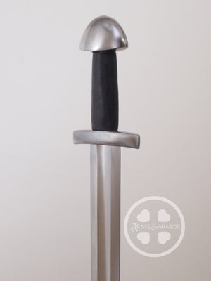 Quarter view of #252 Viking Trainer practice sword with peened tea cozy pommel and type X blade.