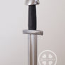 Quarter view of #252 Viking Trainer practice sword with peened tea cozy pommel and type X blade.