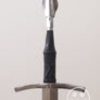English longsword #194 with shallow down turned guard, black leather grip, type U pommel, grip with crossed risers.
