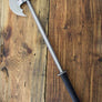 Horsemna's axe 3006 for mounted knightly combat, curved axe blade with long tapering back spike and black leather grip.