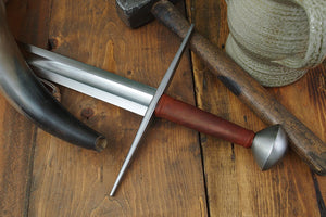 #245 Hungarian Sword Type XI blade with long straight cross guard and tea cozy style pommel with brown grip hilt view..