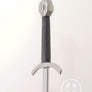 Scholar single handed training sword feder with steel hilt and black leather grip, 3q view.