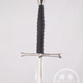 Sword with black handle on a light gray background