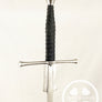 Sword with black handle on a light background, featuring a brand logo.