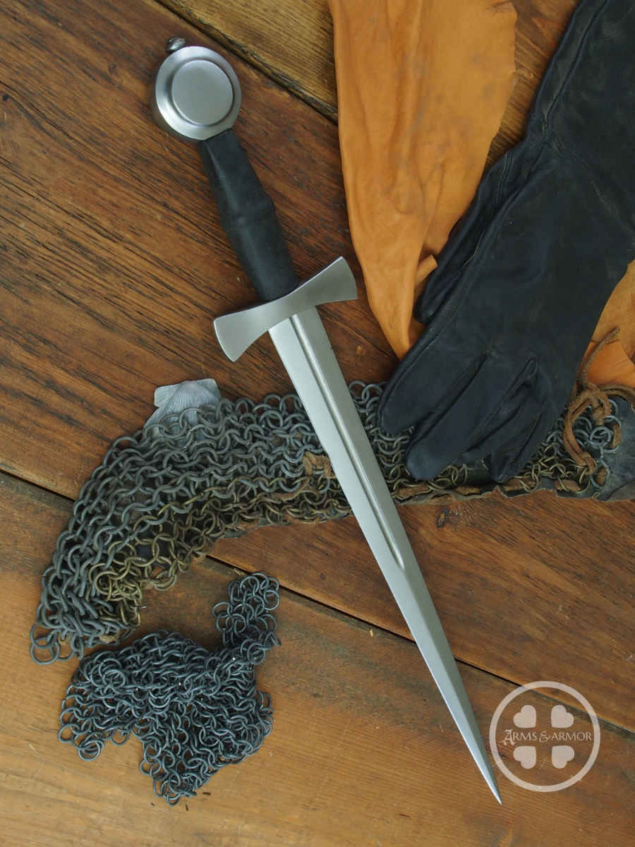 14th Century Dagger #247 original in Sweden fullered blade with wheel pommel and bow tie guard.
