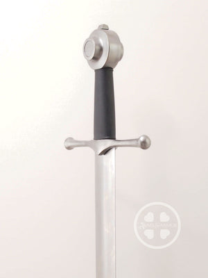Fornovo #243 medieval single handed sword Italian 15th century type XVIIId blade shape with black grip three quarter view.