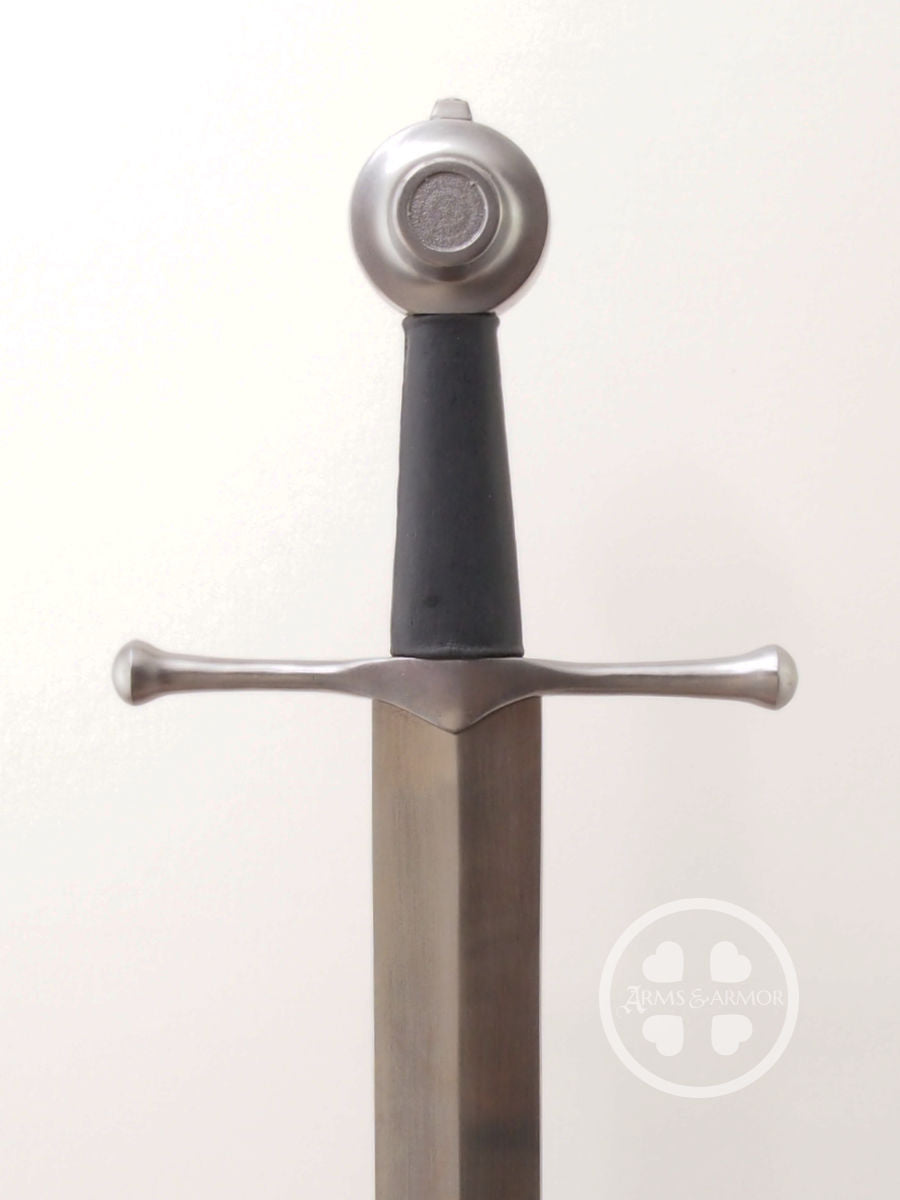 Fornovo #243 medieval single handed sword Italian 15th century type XVIIId blade shape with black grip front view.