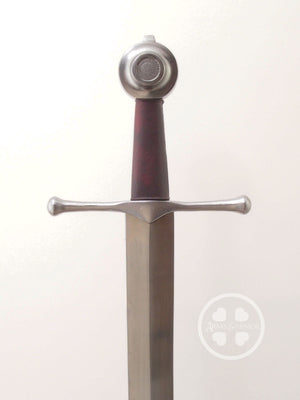 Fornovo #243 medieval single handed sword Italian 15th century type XVIIId blade shape with dark red grip.