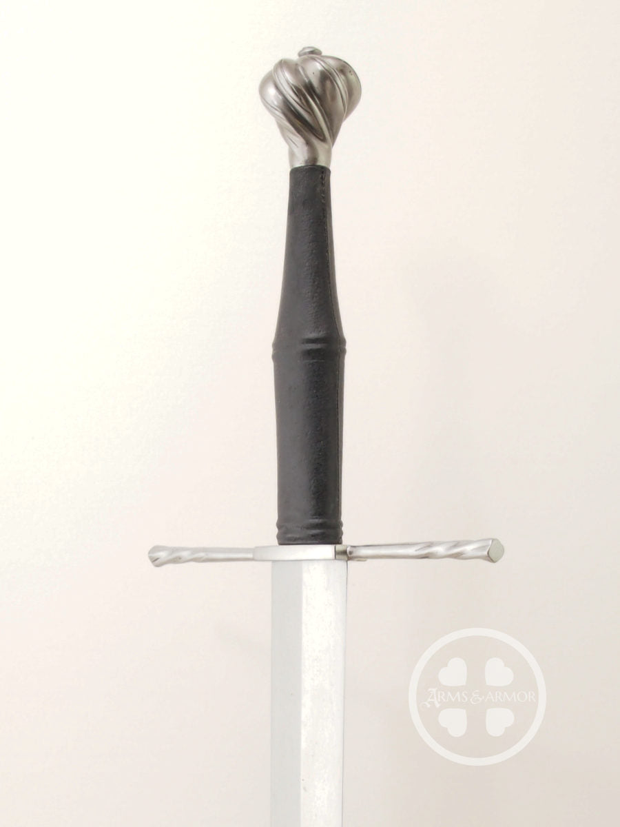 Schloss Erbach longsword type XVIIIa steel parts with black leather, great cutter, three quarter view.