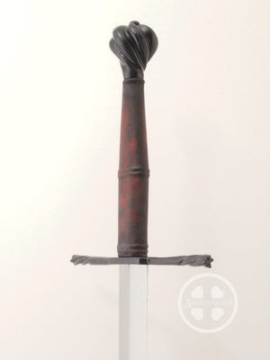 Schloss Erbach longsword type XVIIIa blued steel parts with brown leather, great cutter, three quarter view.