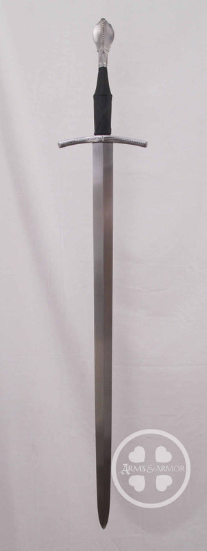 English Longsword #194 overall view with black grip of pig skin and steel fittings.