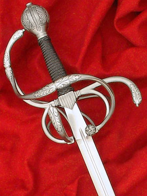 German Rapier #163 replicated from original made in Solingen in the late 16th or early 17th century, guard detailed with acanthus leaf detail.