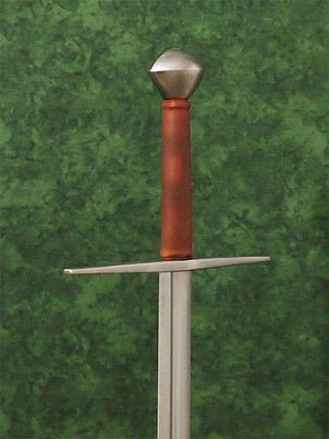 #245 Hungarian Sword Type XI blade with long straight cross guard and tea cozy style pommel with brown grip.