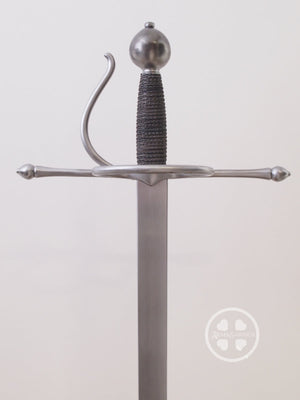 Meyer training rapier #239 steel rectangular cross section blade with good tip flex and steel hilt with wired bound grip. A Thorough Description of the Art of Combat published in 1570 by Joachim Meyer.