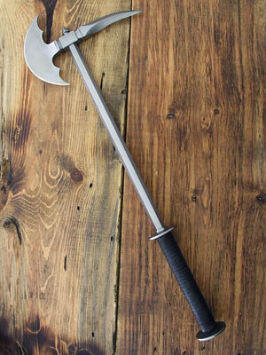 Horsemna's axe 3006 for mounted knightly combat, curved axe blade with long tapering back spike and black leather grip.