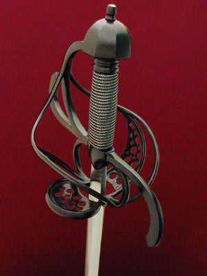Musketeer Rapier #142 Blackend Rapier with pierced plated in the fore ring and back guard elevated view.