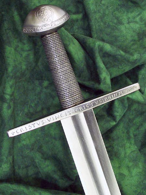 St Maurice Sword #145 Oakeshott Type XI pommel and guard incised with heraldic detail and inscriptions of a battle cry from the third crusade.