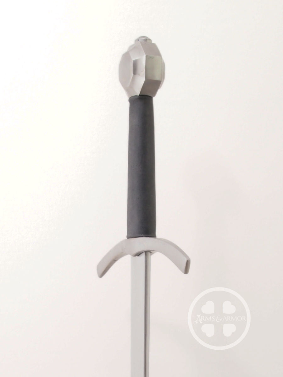 Scholar single handed training sword feder with steel hilt and black leather grip, 3q view.