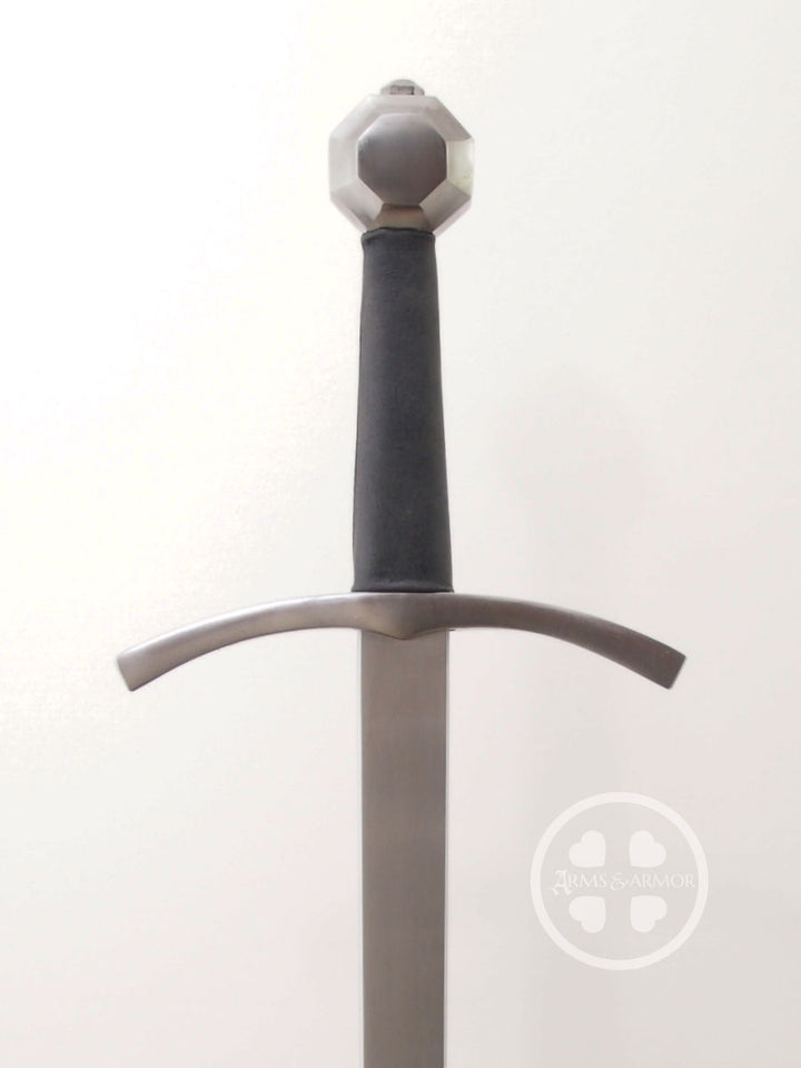 Scholar #207 single handed training sword feder with steel hilt and black leather grip front.