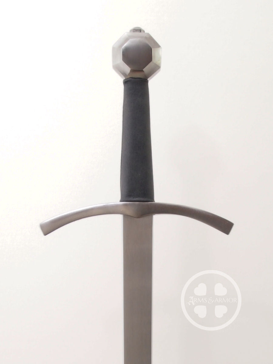 Scholar #207 single handed training sword feder with steel hilt and black leather grip front.